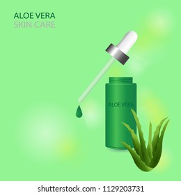 Green vitamin hair and skin care cream / serum and aloe vera isolated on green background. 