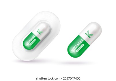 Green vitamin K medicine capsule. Dietary supplement health neutralize free radicals. With chemical formula. Anti aging beauty enhancement concept and health care medical. 3D vector EPS10.