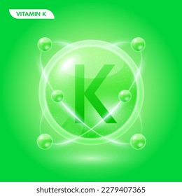 Green vitamin K solution. Substance for beauty cosmetic with chemical formula from nature. Collagen serum and hyaluronic acid skincare. Medical scientific concept. 3D Realistic Vector.