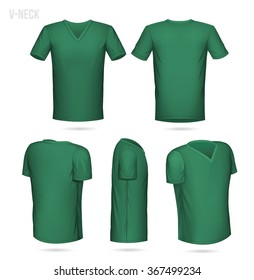 Green V-Neck T-shirt 5 sides (front, back, 2/4 both left and right and side view)