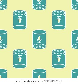 Green Voice assistant icon isolated seamless pattern on yellow background. Voice control user interface smart speaker. Flat design. Vector Illustration