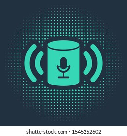 Green Voice assistant icon isolated on blue background. Voice control user interface smart speaker. Abstract circle random dots. Vector Illustration