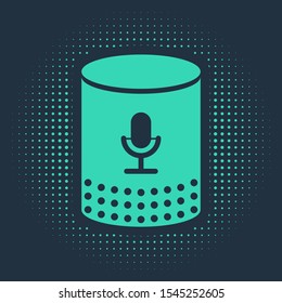 Green Voice assistant icon isolated on blue background. Voice control user interface smart speaker. Abstract circle random dots. Vector Illustration