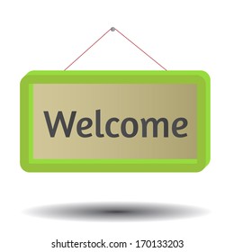 Green volume door board icon with text "Welcome". Vector illustration