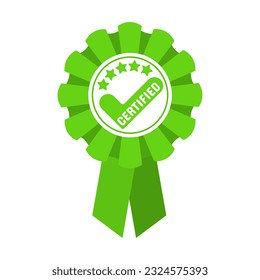 Green volume ribbon rosette certified, quality mark, five stars. Check mark icon.
