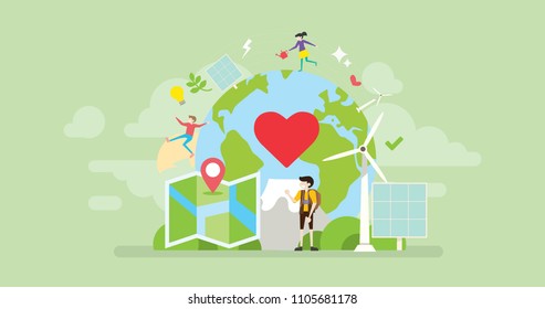 Green Volunteer Traveler Tiny People Character Concept Vector Illustration, Suitable For Wallpaper, Banner, Background, Card, Book Illustration, Web Landing Page, and Other Related Creative