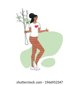 Green volunteer and volunteering concept. Altruistic activity, save ecology environment. Eco-friendly female millennial character. Think green save the planet. Flat outline cartoon vector illustration