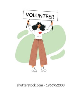 Green volunteer and volunteering concept. Young girl altruistic activist. Enthusiastic female millennial character. Think green save the planet. Flat outline vector illustration isolated on white
