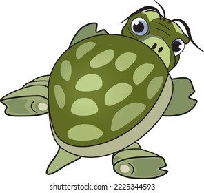 Green walking cartoon turtle looking shy up. The view is from above.