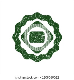 Green wallet icon inside distressed rubber stamp with grunge texture