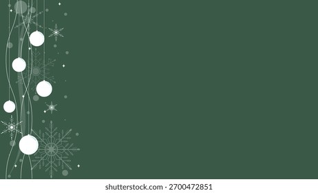 Fondo de Fondo de pantalla verde con copos de nieve blancos brillantes y decoraciones de la bola de Navidad