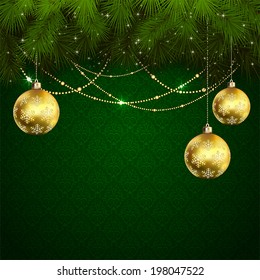 Green wallpaper with branches of Christmas tree and baubles, illustration.