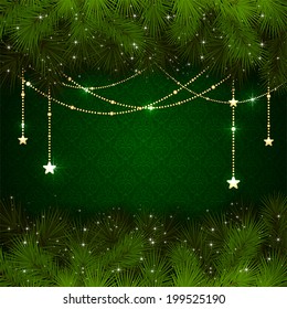 Green Wallpaper With Branches Of Christmas Tree And Gold Decorative Elements, Illustration.