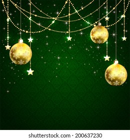 Green wallpaper with golden balls and decorative elements, illustration.