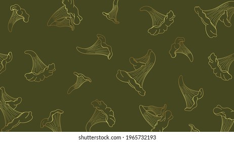 Green wallpaper with golden line art of edible mushrooms. Backdrop for menus, recipes, cooking. Metallic effect. Minimalistic food background