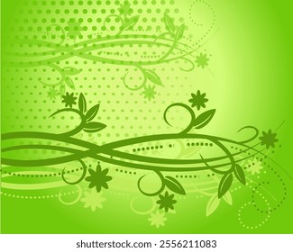 green wallpaper with ornament of plants and flowers natural background