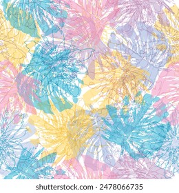  Green wallpaper of tropical plants, flowers, floral, leaf branches. Foliage of exotic plants in summer for banner. Seamless pattern with tropical leaves. 