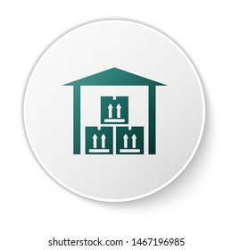 Green Warehouse icon isolated on white background. White circle button. Vector Illustration