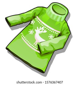 Green warm sweater with deer pattern isolated on a white background. Vector cartoon close-up illustration