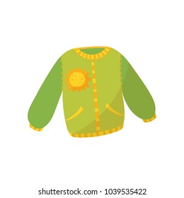 Green warm sweater with pockets and smiling sunny print. Children s jumper. Cute pullover for toddler girl or boy. Kids garment. Cartoon flat vector icon