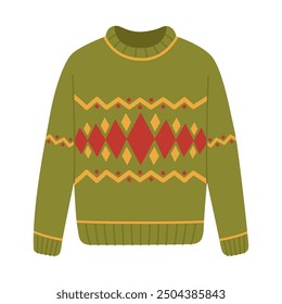 Green warm sweater with rhombus ornament. Knitted wool jumper for autumn and winter. Cozy pullover. Vector flat illustration isolated on white background