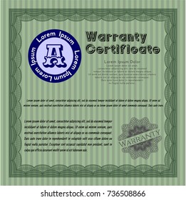 Green Warranty Certificate template. Artistry design. With complex background. Customizable, Easy to edit and change colors. 