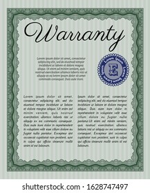 Green Warranty Certificate template. With background. Excellent design. Detailed. 
