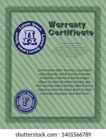 Green Warranty Certificate template. Beauty design. Printer friendly. Vector illustration. 