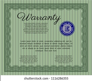 Green Warranty Certificate template. With complex linear background. Money design. Vector illustration. 
