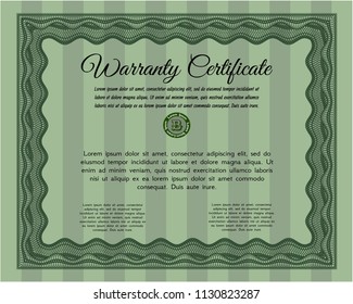 Green Warranty Certificate template. With complex linear background. Modern design. Detailed. 