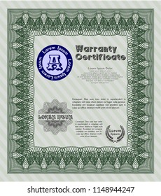 Green Warranty Certificate template. With complex linear background. Money style design. Customizable, Easy to edit and change colors. 