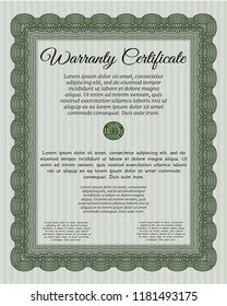 Green Warranty Certificate template. With complex background. Customizable, Easy to edit and change colors. Lovely design. 