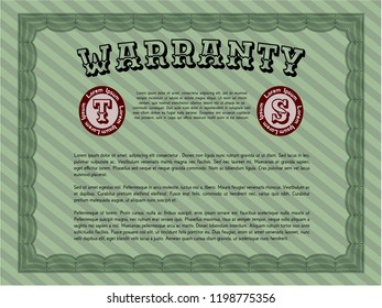 Green Warranty Certificate template. With complex linear background. Vector illustration. Artistry design. 