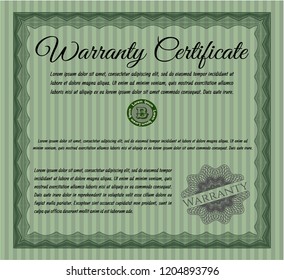 Green Warranty Certificate template. With complex linear background. Money style design. Customizable, Easy to edit and change colors. 