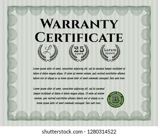 Green Warranty Certificate template. Complex background. Detailed. Retro design. 