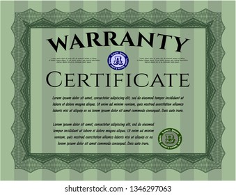 Green Warranty Certificate template. With complex linear background. Vector illustration. Elegant design. 