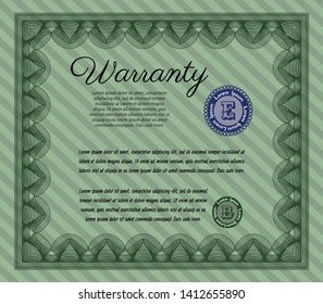 Green Warranty Certificate template. With complex background. Vector illustration. Money style design. 