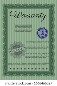 Green Warranty Certificate template. Complex background. Money style design. Detailed. 