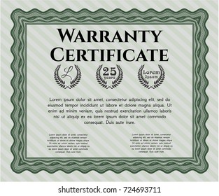 Green Warranty Certificate template. With complex background. Superior design. Vector illustration. 