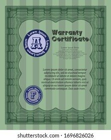 Green Warranty Certificate template. Cordial design. With complex linear background. Detailed. 