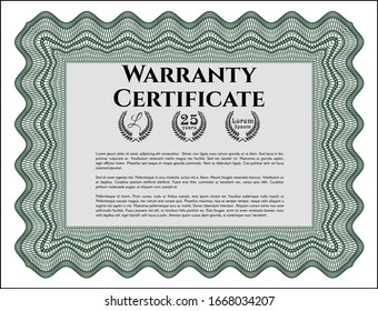Plantilla de certificado de garantía verde. Personalizable, Fácil de editar y cambiar de color. Con un fondo complejo. Diseño estilo dinero. 
