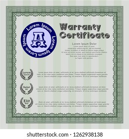 Green Warranty Certificate template. Detailed. With linear background. Artistry design. 