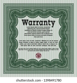 Green Warranty Certificate template. Detailed. With quality background. Artistry design. 