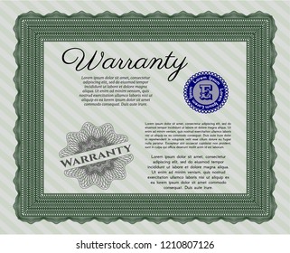Green Warranty Certificate template. Good design. With guilloche pattern and background. Detailed. 