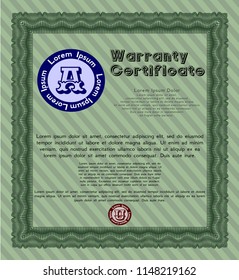 Green Warranty Certificate template. With great quality guilloche pattern. Detailed. Lovely design. 