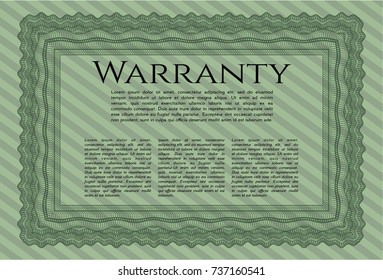 Green Warranty Certificate template. With linear background. Artistry design. Detailed. 
