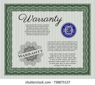 Green Warranty Certificate template. Modern design. Detailed. With linear background. 