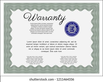 Green Warranty Certificate template. Money Pattern. Detailed. With guilloche pattern and background. 
