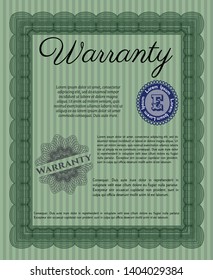 Green Warranty Certificate template. Perfect design. Vector illustration. With guilloche pattern. 