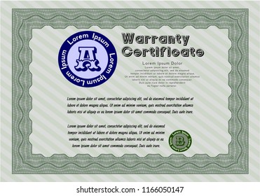 Green Warranty Certificate template. Printer friendly. Vector illustration. Retro design. 